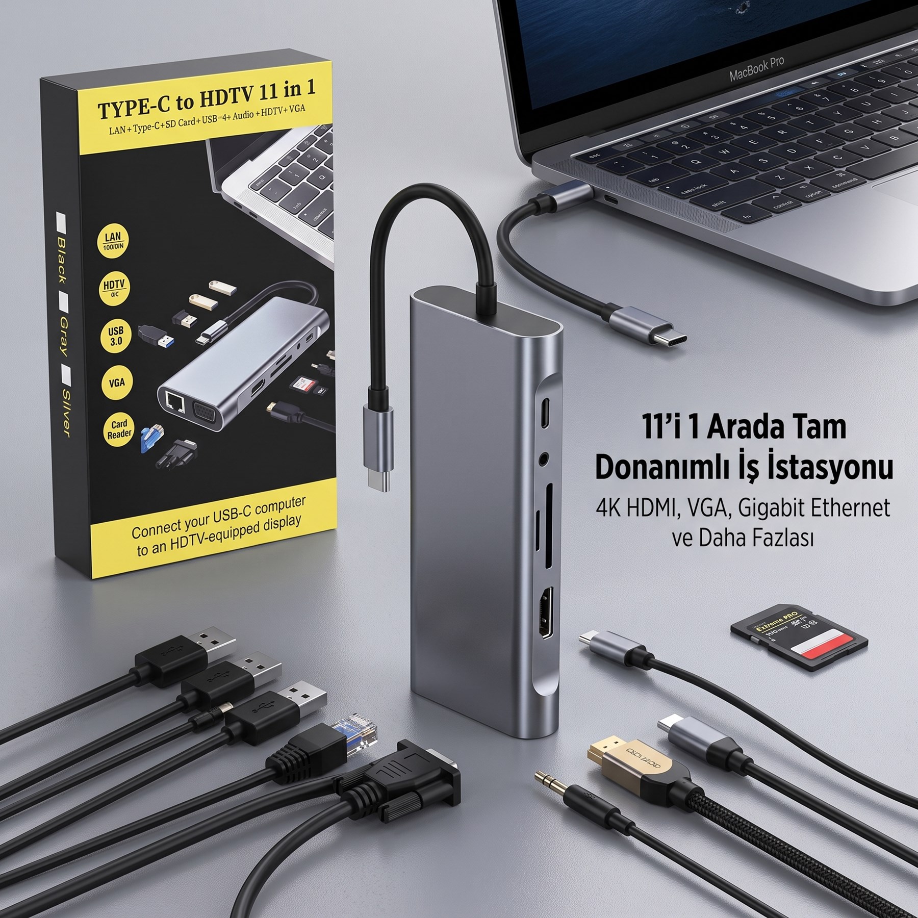 BUFFER® 11 in 1 Type-C Çoklayıcı Hub HDMI 4K USB 3.0 SD TF Kart RJ45 Ethernet Dönüştürücü Adaptör