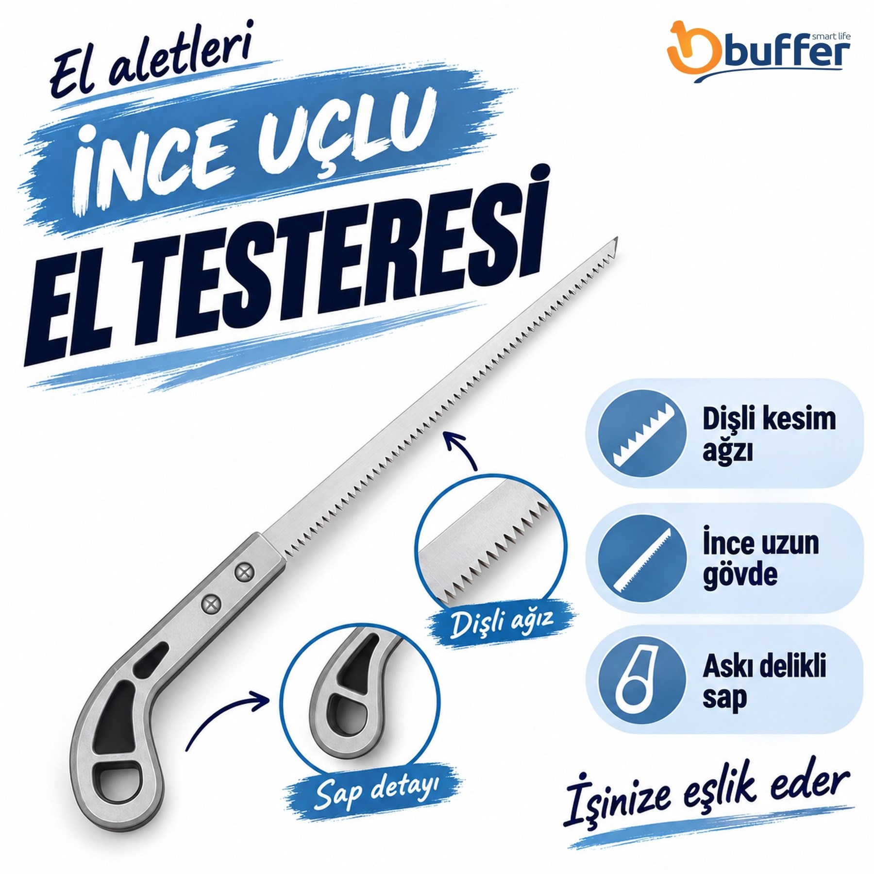 İnce Uçlu El Testeresi Dişli Kesim Ağzı Askı Delikli Sap Kompakt Pratik Kullanışlı Hediyelik