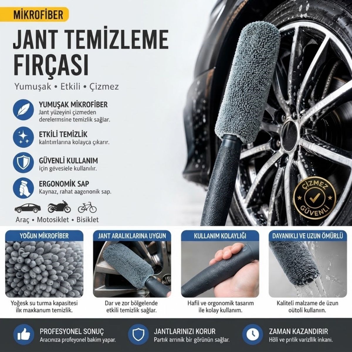Mikrofiber Jant Temizleme Fırçası Yumuşak Saplı Araba Motosiklet Lastik Bakım Dayanıklı Pratik