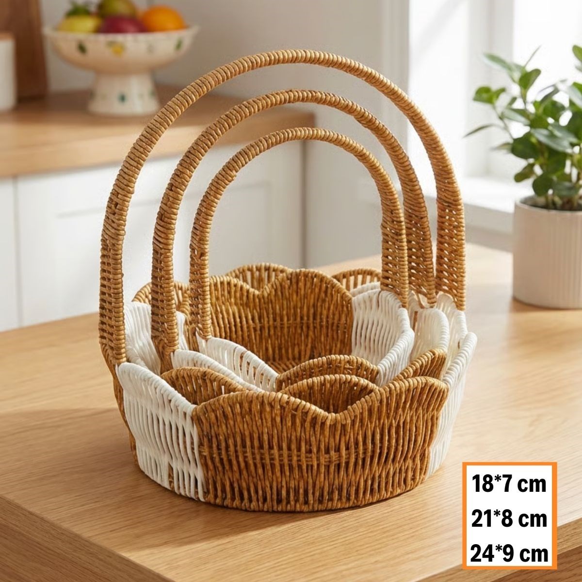 İç İçe Geçebilen 3’lü Çift Renkli Yuvarlak Dalgalı Formlu Saplı Plastik Rattan Sepet Seti – Hasır Görünümlü Çok Amaçlı Organizerler — Veyo — görsel 5