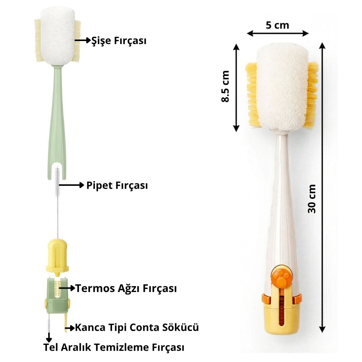 5’i 1 Arada Çok Amaçlı Şişe Temizleme Fırçası – Sürahi, Kavanoz, Pipet, Kapak, Emzik ve Biberon Temizlik Seti — Veyo — görsel 5