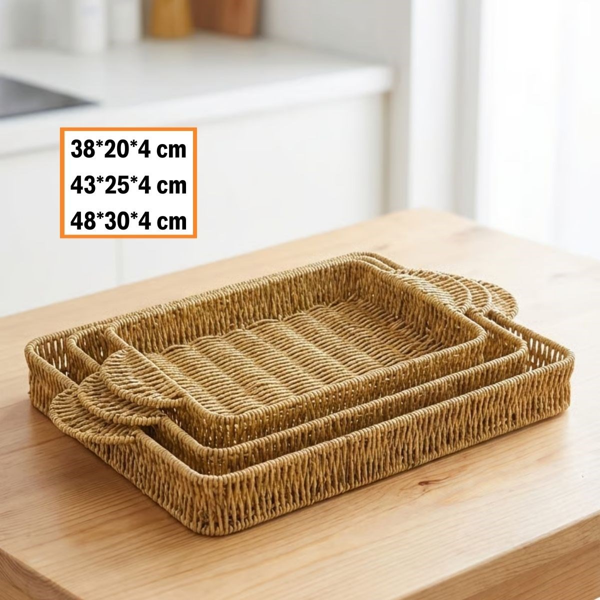İç İçe Geçebilen 3’lü Dikdörtgen Plastik Rattan Tepsi Seti–Hasır Görünümlü Çok Amaçlı Servis ve Sunum Tepsileri — Veyo — görsel 5