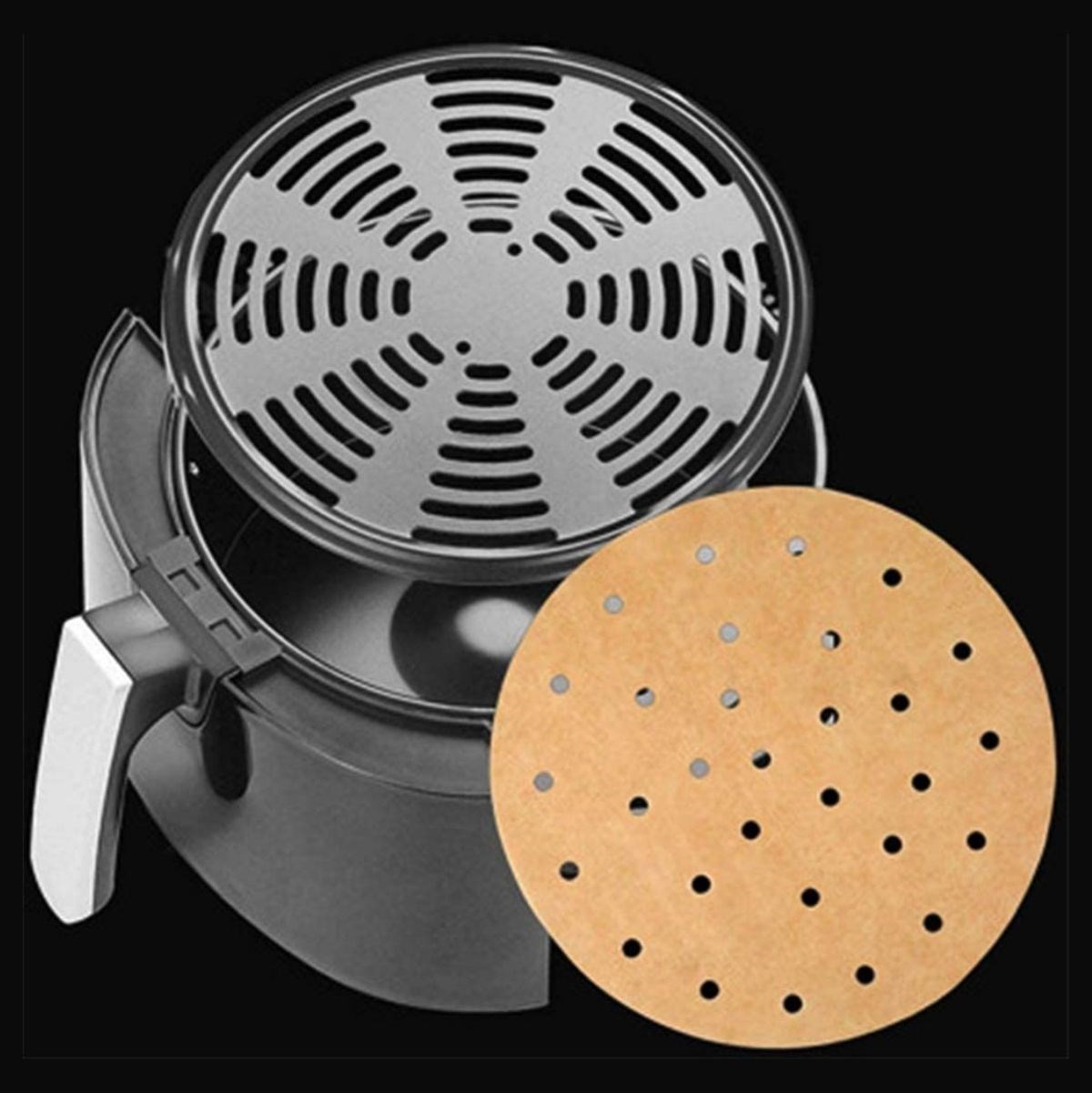 50 Adet Air Fryer Pişirme Kağıdı Tek Kullanımlık Gıda Pişirme Kağıdı Delikli Yuvarlak Model — Veyo — görsel 3