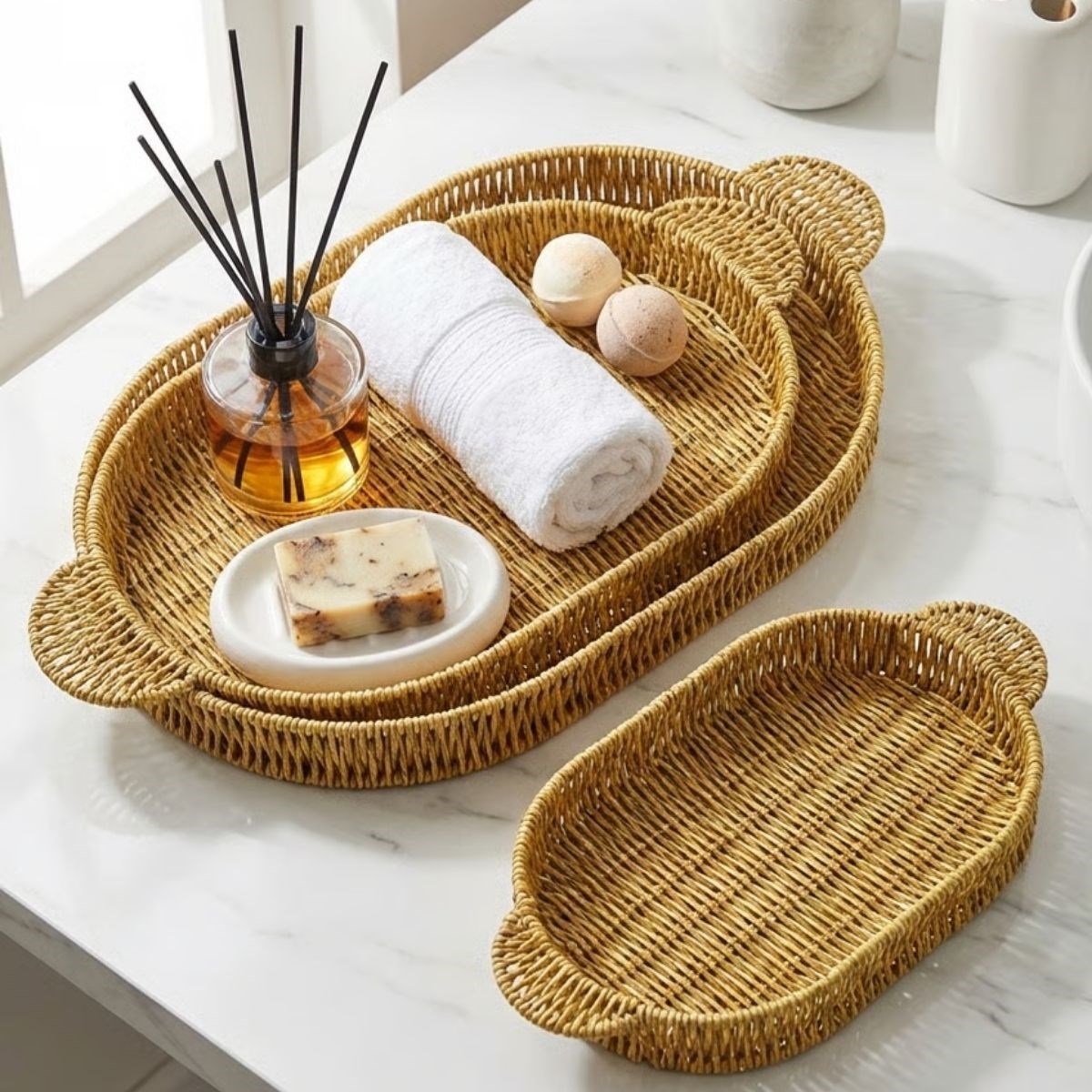 İç İçe Geçebilen 3’lü Oval Plastik Rattan Tepsi Seti–Hasır Görünümlü Çok Amaçlı Servis ve Sunum Tepsileri — Veyo — görsel 2