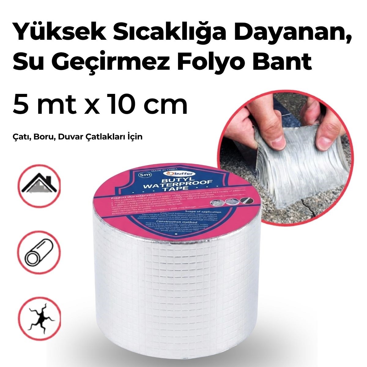 Yüksek Sıcaklık Dayanan Su Geçirmez Çatı Boru Duvar Çatlak Yapışkan Çamur Bant Folyo 5 mt x 10 cm — Veyo