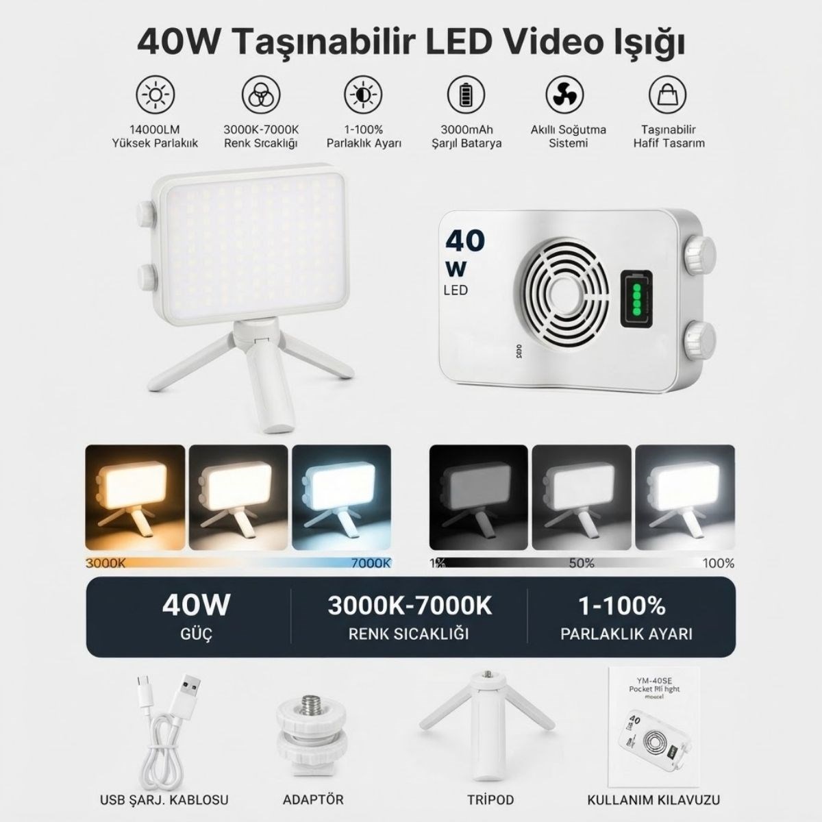 Taşınabilir LED Video Işığı Kamera Fotoğraf Dolgu Lambası Şarjlı Tripodlu Canlı Yayın Aydınlatma