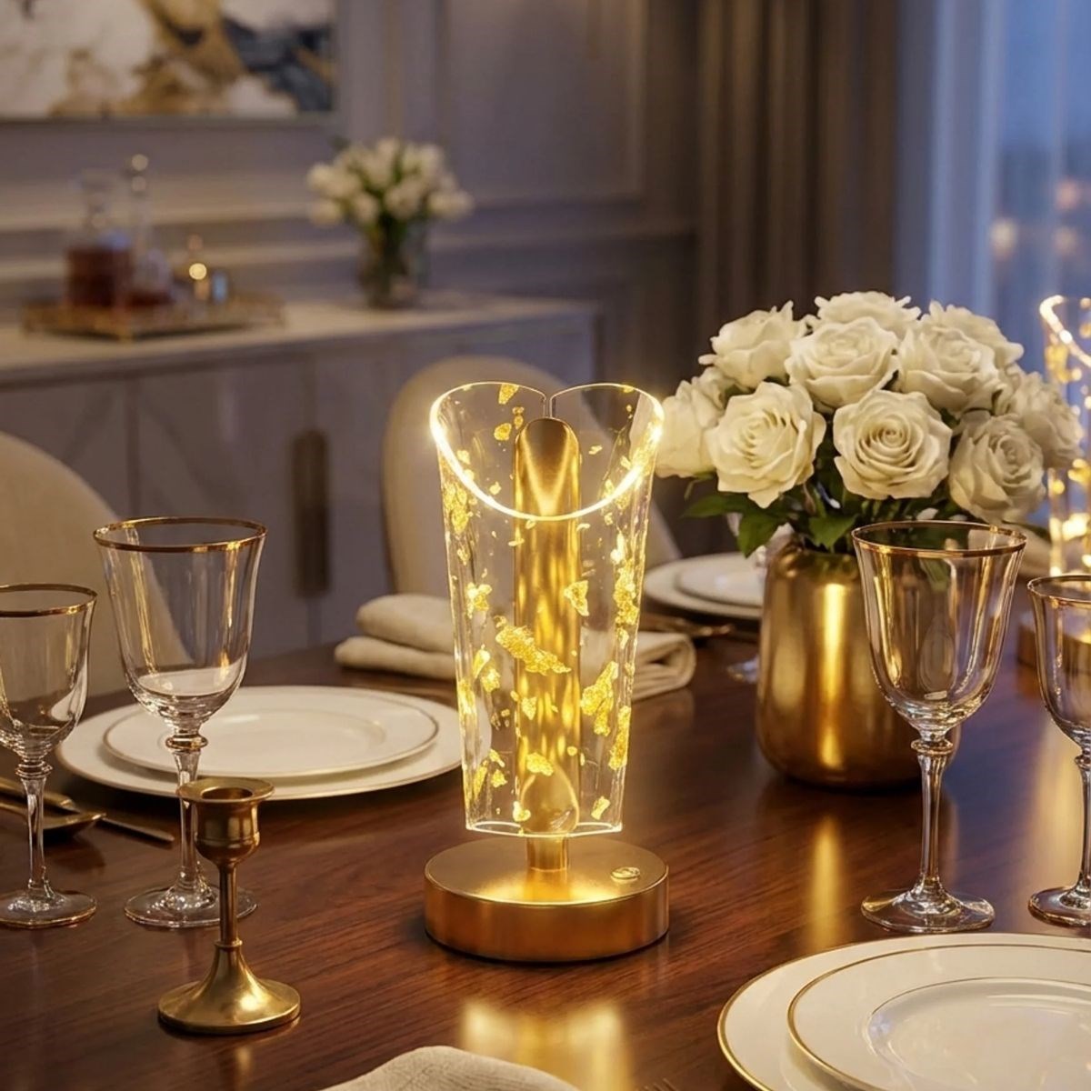Açık Silindirik Kristal Altın Toz Model LED Masa Lambası – Gold Tabanlı, Dokunmatik, 3 Renk Işık Modlu, Şarjlı Modern Dekoratif Gece Lambası — Veyo — görsel 2