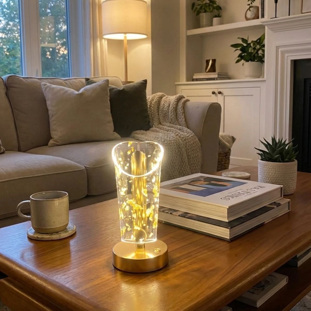Açık Silindirik Kristal Altın Toz Model LED Masa Lambası – Gold Tabanlı, Dokunmatik, 3 Renk Işık Modlu, Şarjlı Modern Dekoratif Gece Lambası — Veyo — görsel 3