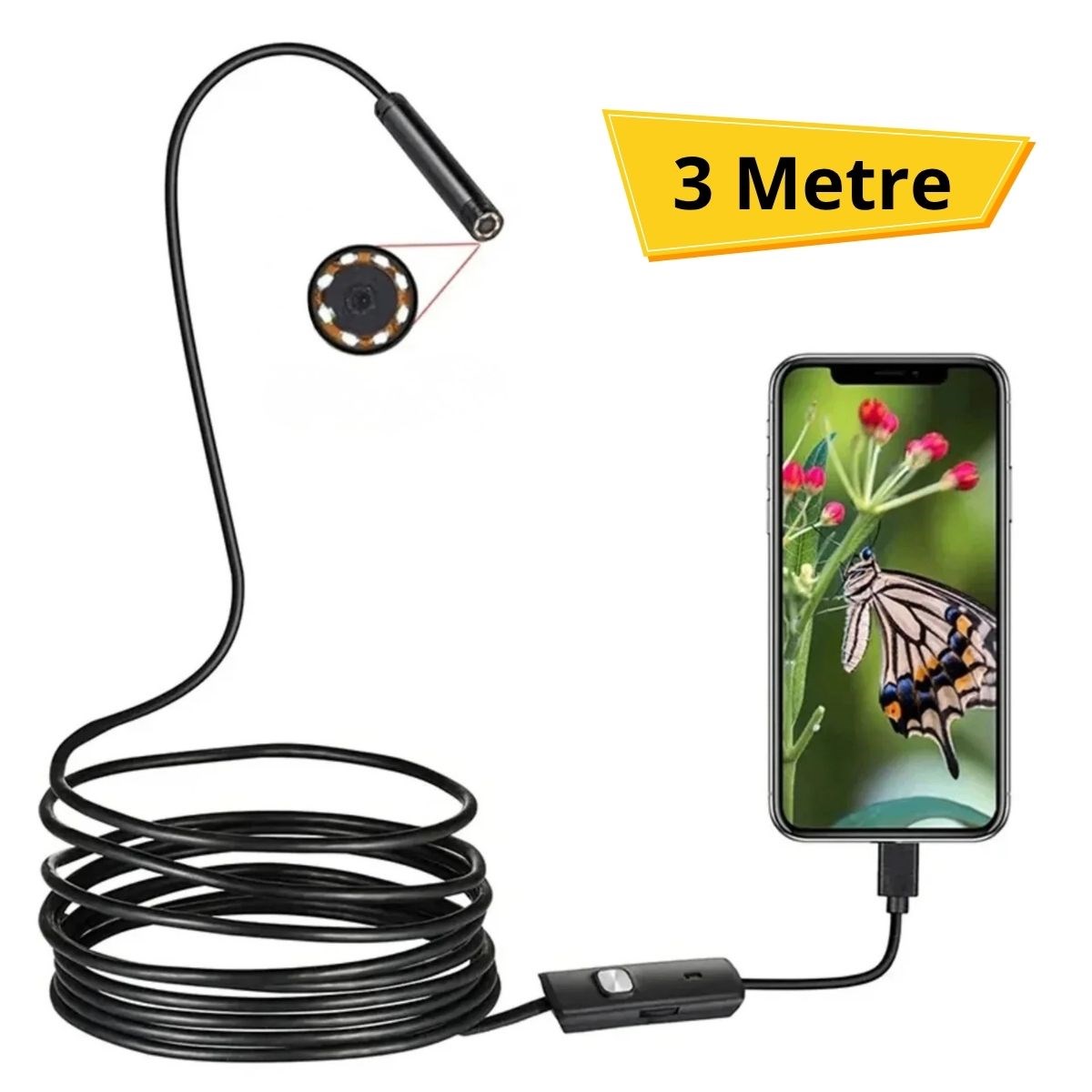 3 Metre Android Telefon Uyumlu 6 LED Işıklı Su Geçirmez Endoskop / Boroskop Yılan Kamera HD — Veyo