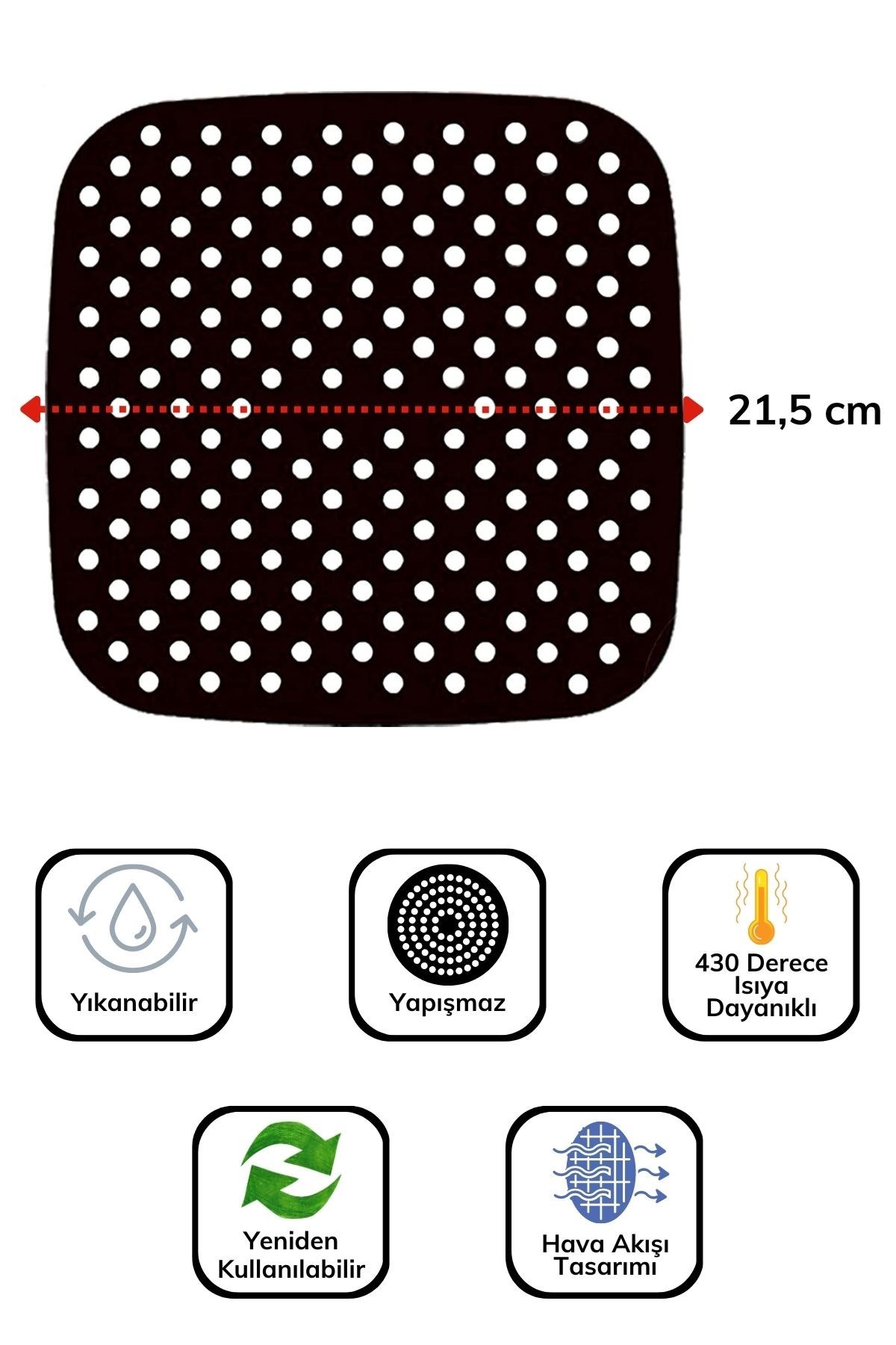 Siyah Isıya Dayanıklı Yıkanılabilir Silikon Fırın Ve Airfryer Kare Model Pişirme Matı 21,5 Cm — Veyo — görsel 5