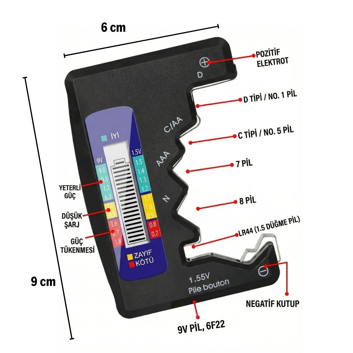 Evrensel Dijital Pil Test Cihazı – AA, AAA, C, D, N, 9V ve Düğme Pil Uyumlu Mini Pil Kapasite & Seviye Ölçer — Veyo — görsel 5
