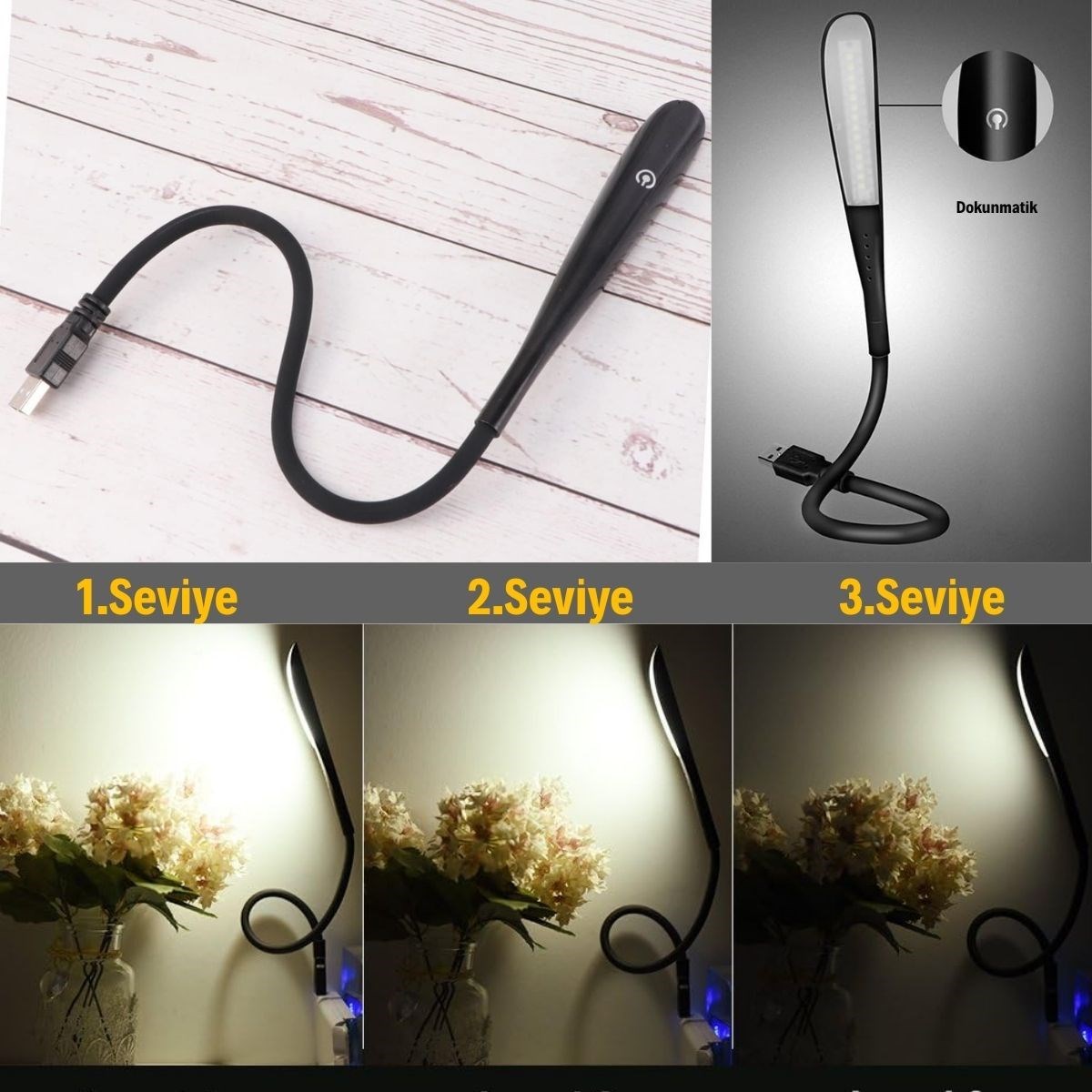 USB Girişli 14 Ledli 3 Kademeli Dokunmatik Masa/Kitap Okuma Lambası Ledi Siyah — Veyo — görsel 4