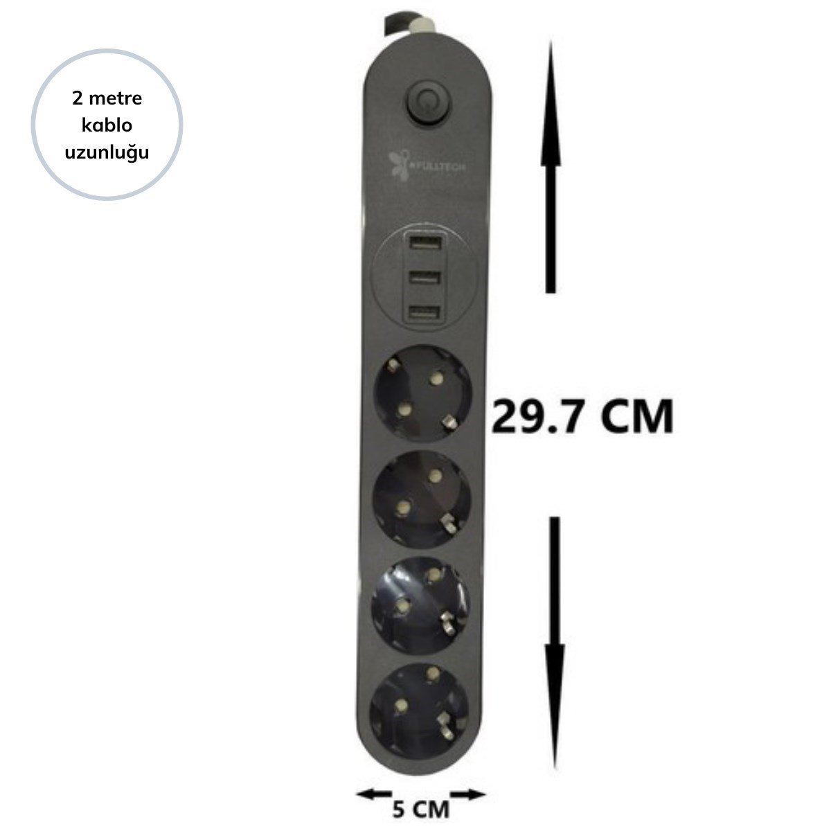 4lü Siyah Anahtarlı 3 USB Li Akım Korumalı Topraklı Çocuk Korumalı Grup Priz 2 Metre — Veyo — görsel 3