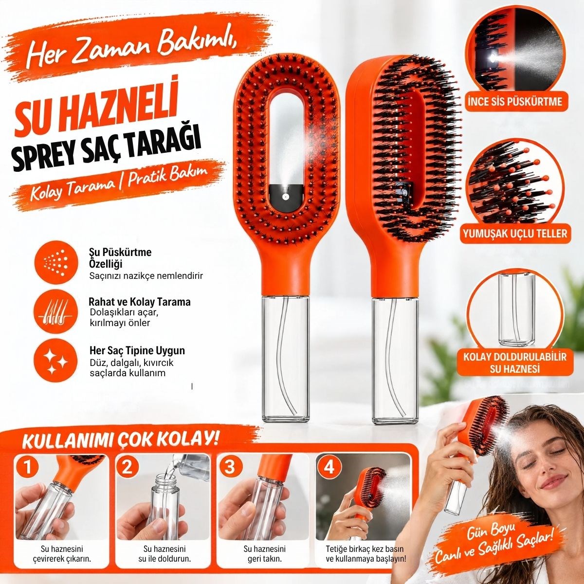 Su Hazneli Spreyli Saç Fırçası Oval Başlıklı Yuvarlatılmış Uçlu Tarama Dişleri Şekillendirme Aleti