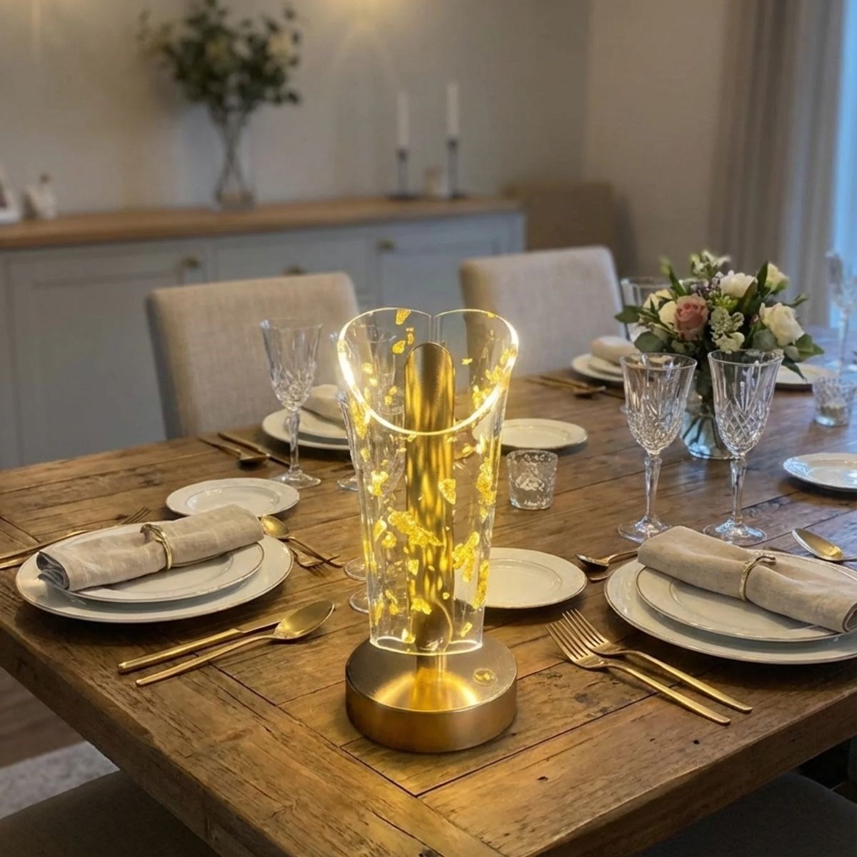Açık Silindirik Kristal Altın Toz Model LED Masa Lambası – Gold Tabanlı, Dokunmatik, 3 Renk Işık Modlu, Şarjlı Modern Dekoratif Gece Lambası — Veyo — görsel 4