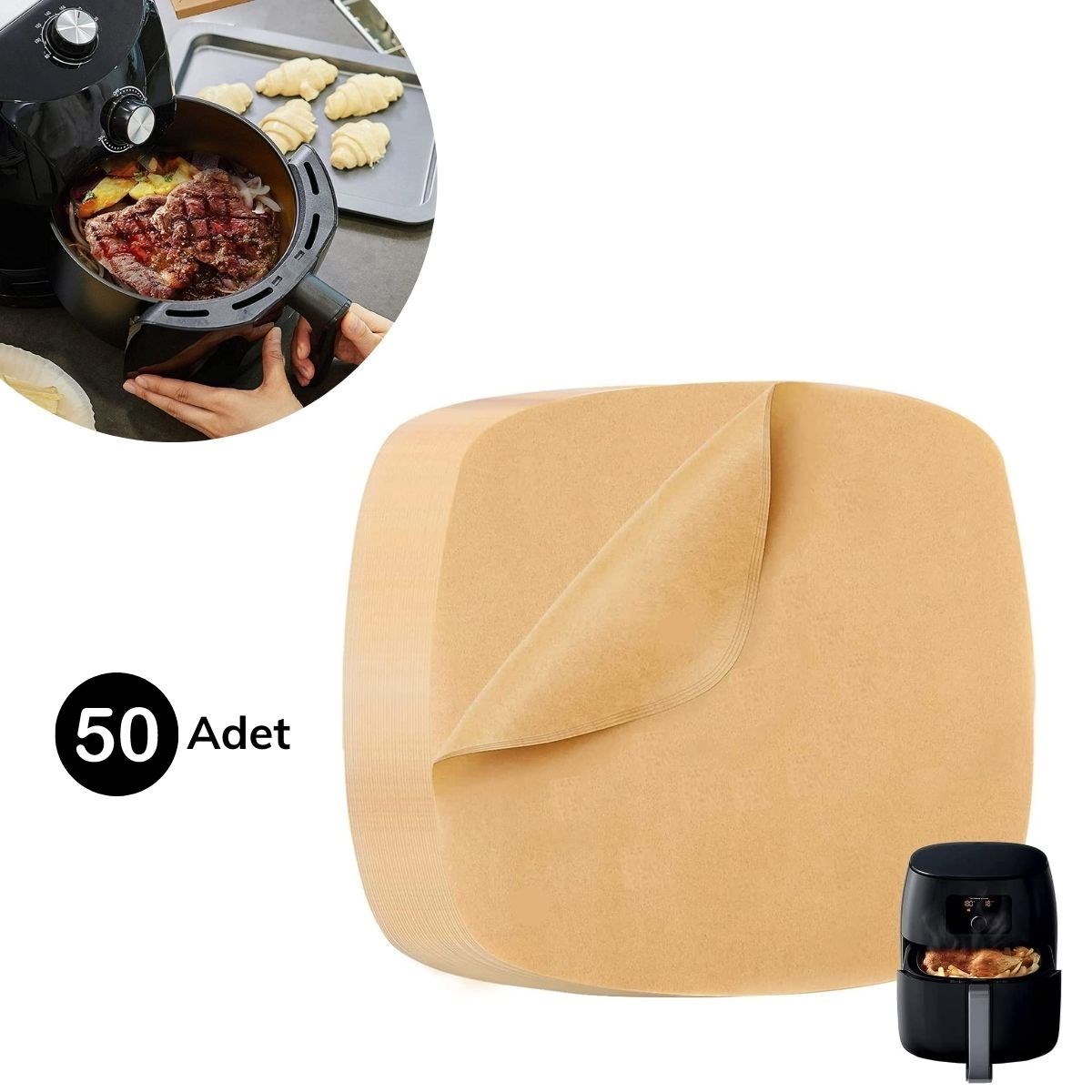 50 Adet Air Fryer Pişirme Kağıdı Tek Kullanımlık Yağ Su Geçirmez Yapışmaz Deliksiz Düz Kare Model — Veyo