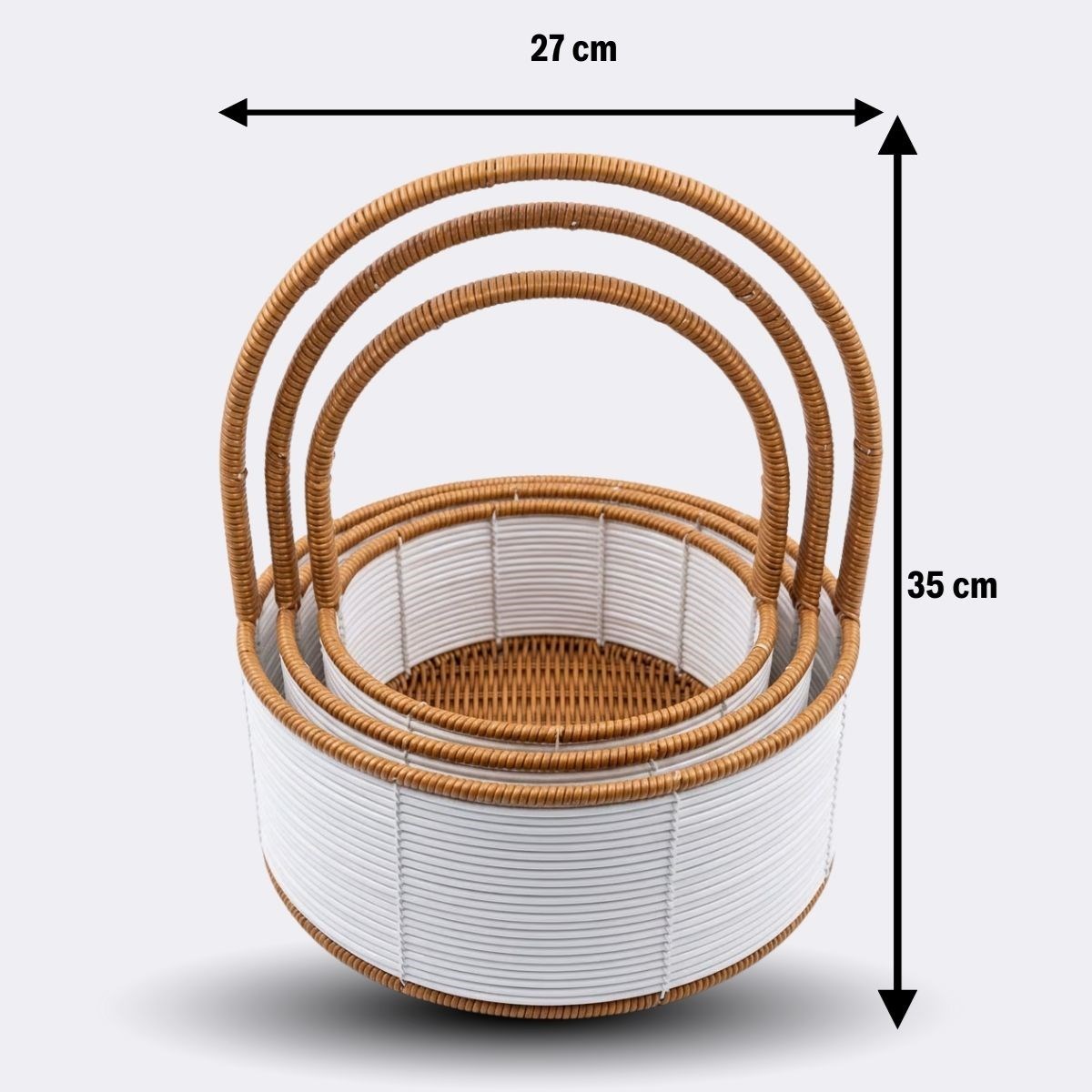 3 Boy İç İçe Geçebilen Plastik Rattan Sepetler–Beyaz Renkli,Kahverengi Saplı, Çok Amaçlı Düzenleyici ve Sunum Sepeti Seti — Veyo — görsel 5