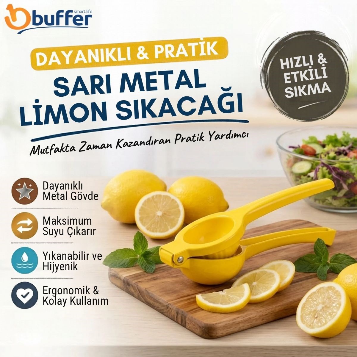 Manuel Limon Sıkacağı Sarı Metal Narenciye Sıkma Aparatı Dayanıklı Pratik Mutfak Yardımcısı
