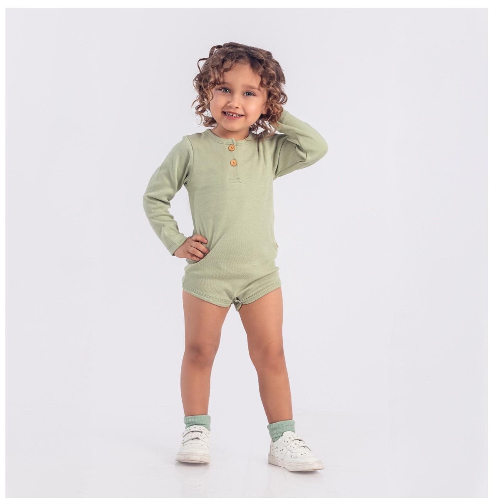 Unisex Yeşil Uzun Kollu Düğmeli Bebek Tulum-3 Yaş