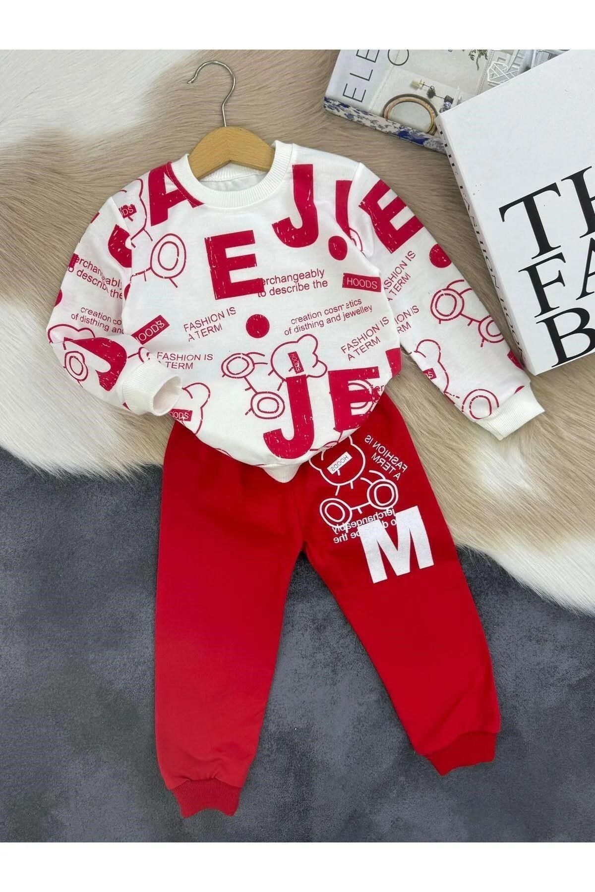 Kırmızı-Beyaz Yazı Desenli Çocuk Eşofman Takımı | %100 Organik Pamuk-3 Ay