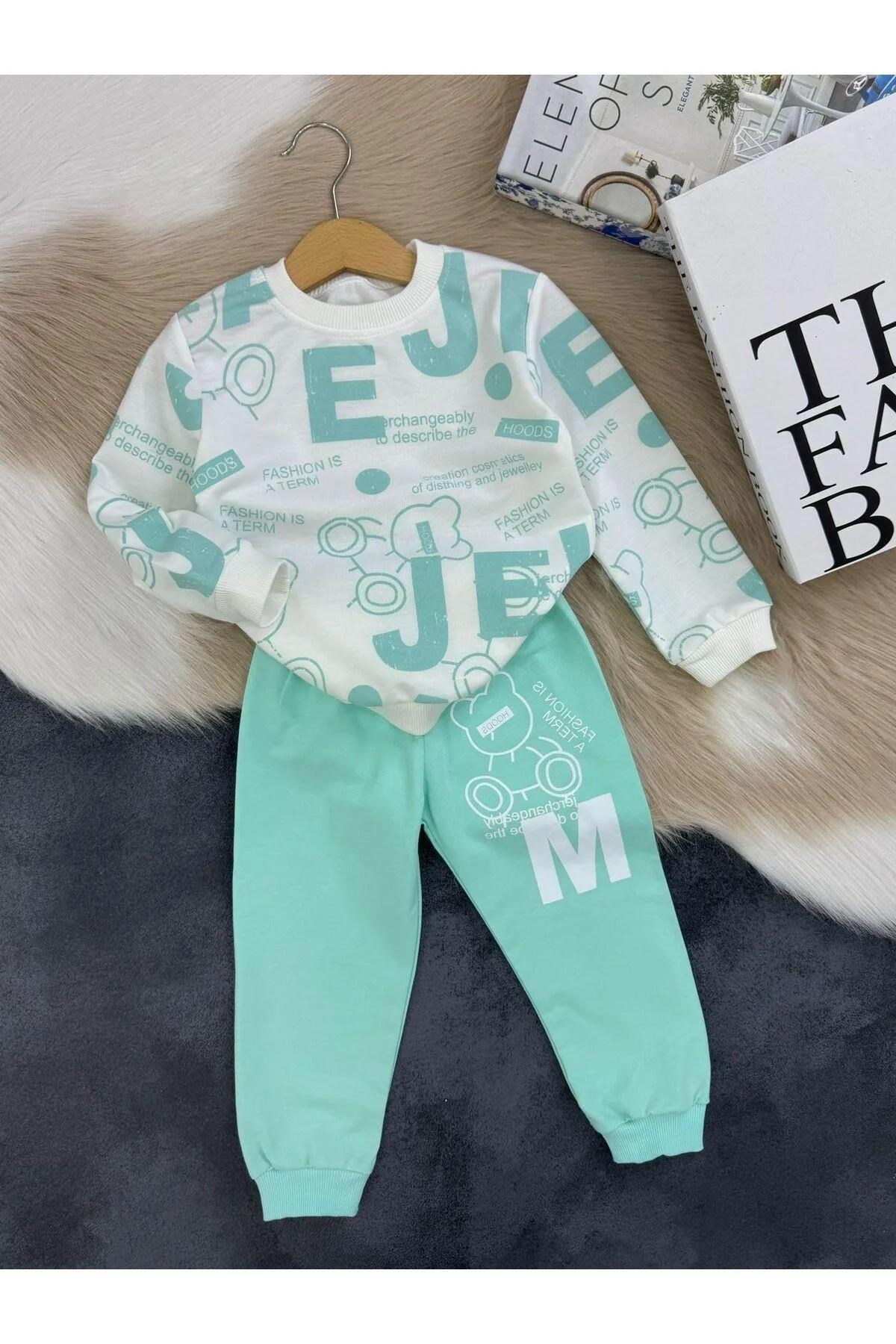 Mint Yeşili Yazı Baskılı Sweatshirt ve Alt Eşofman Takımı | %100 Organik Pamuk-5-6 Yaş