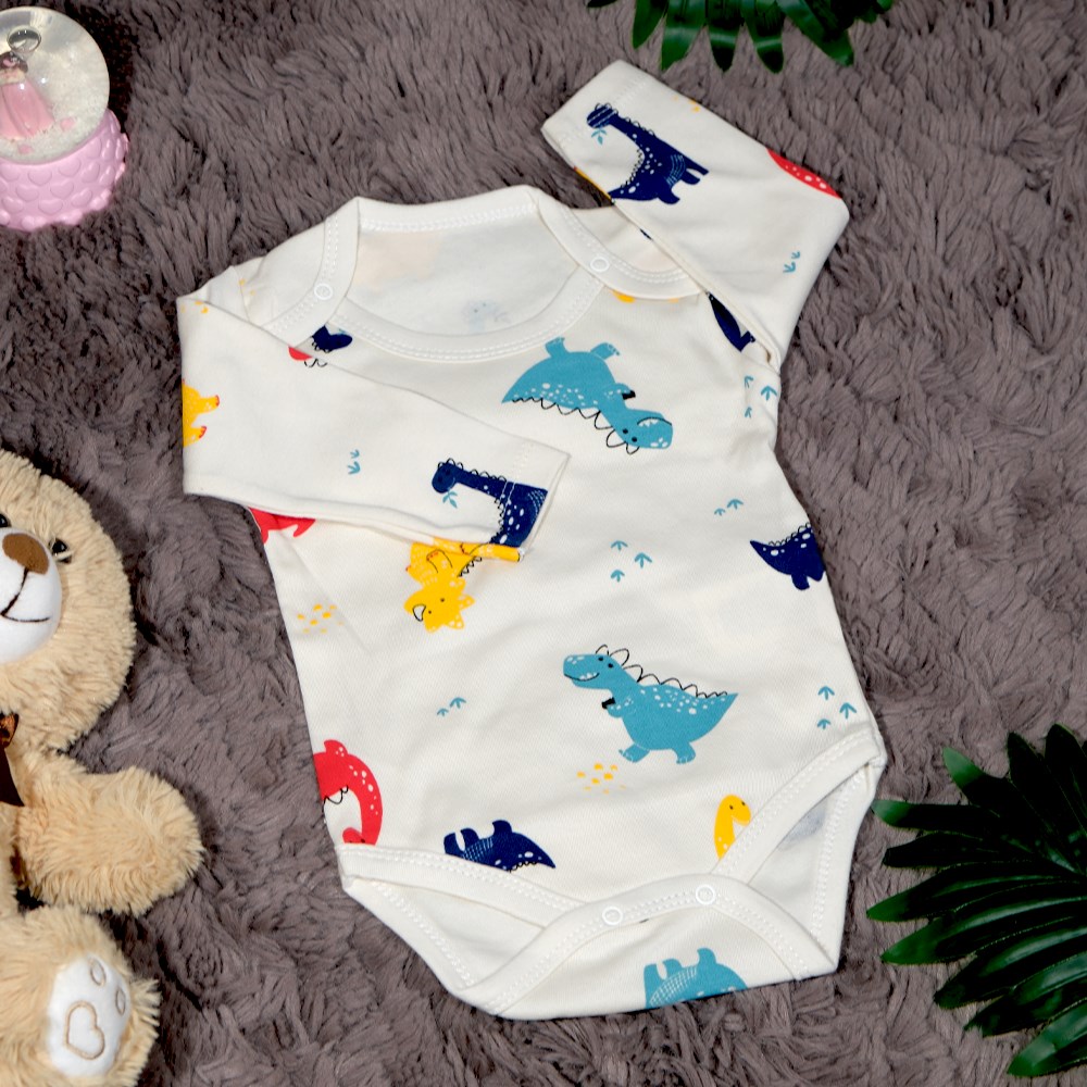 Beyaz Dino Kollu Zıbın Body 0 - 9 Ay-9 Ay