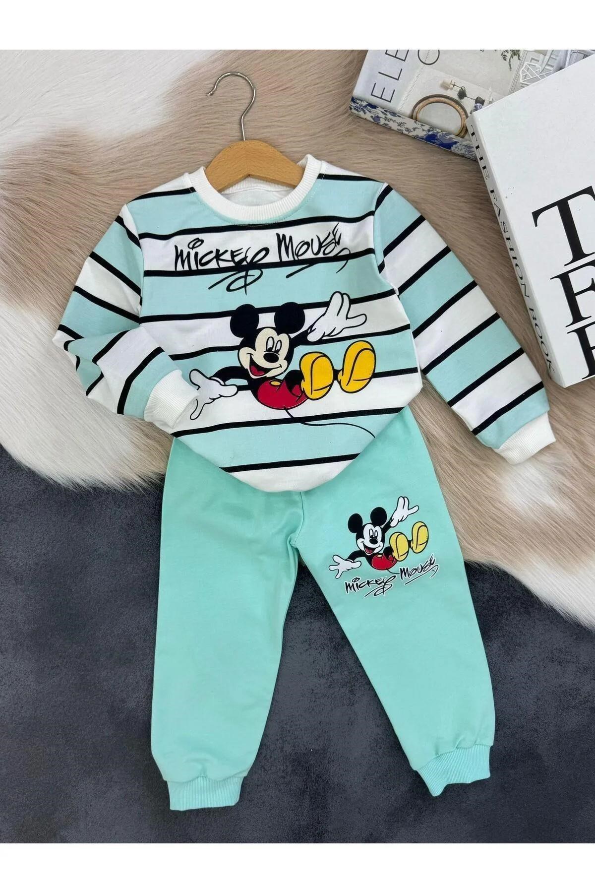 Mickey Mouse Mint Çocuk Takımı | Sweatshirt & Alt Set | %100 Organik Pamuk-11-12 Yaş