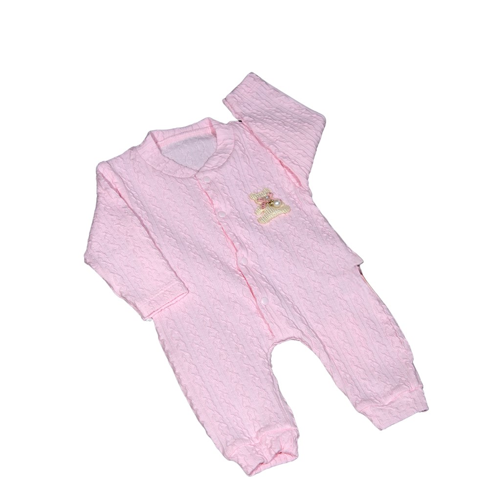 Fiyonklu Kabartmalı %100 Pamuk Pembe Kız Bebek Tulum-3 Ay