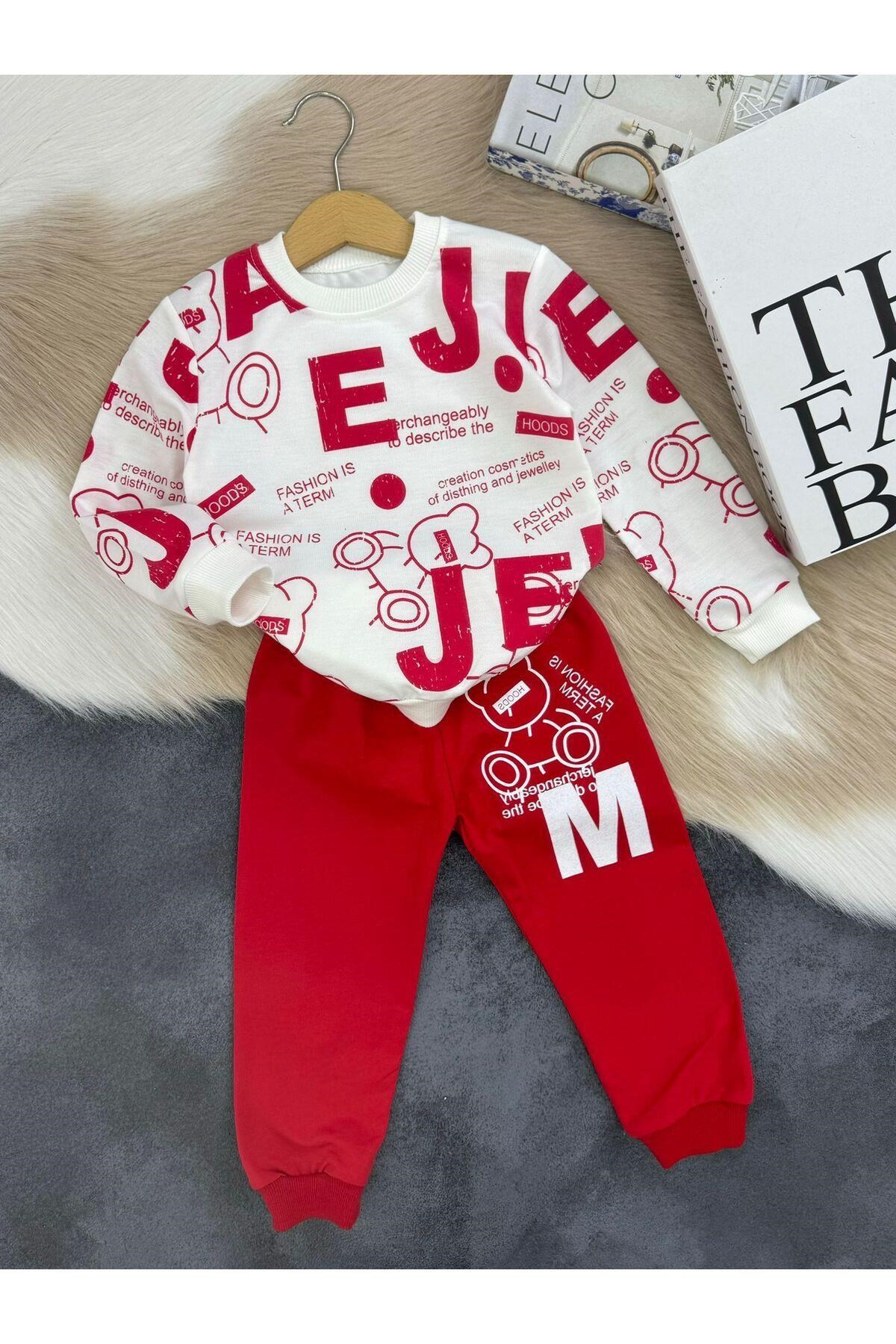 Dijital Harf Ve Figür Baskılı Alt Üst Çocuk Takım Kırmızı-11-12 Yaş