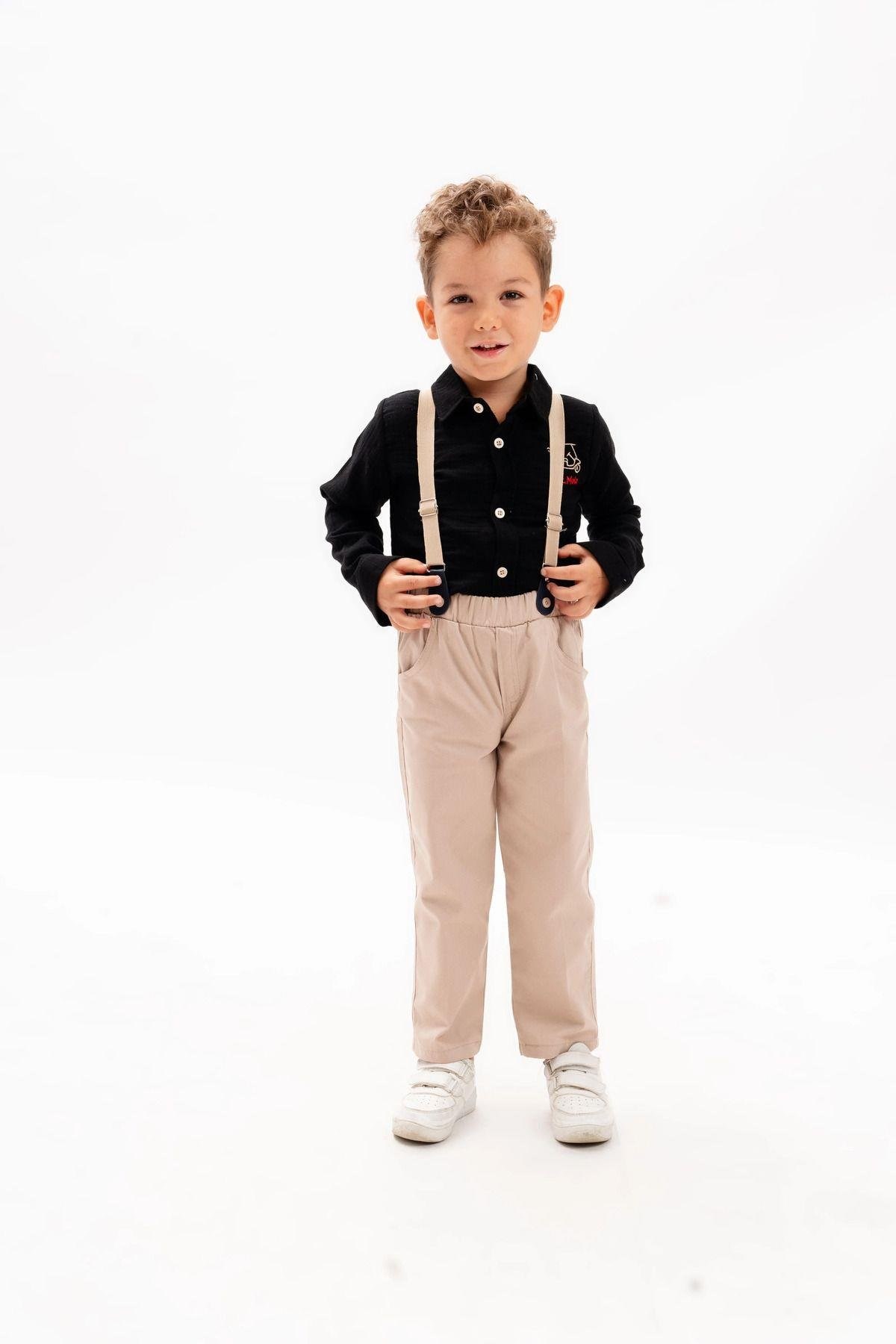 Erkek Çocuk Siyah Gömlek Pantolon Alt Üst Takım Askılı-9-10 Yaş