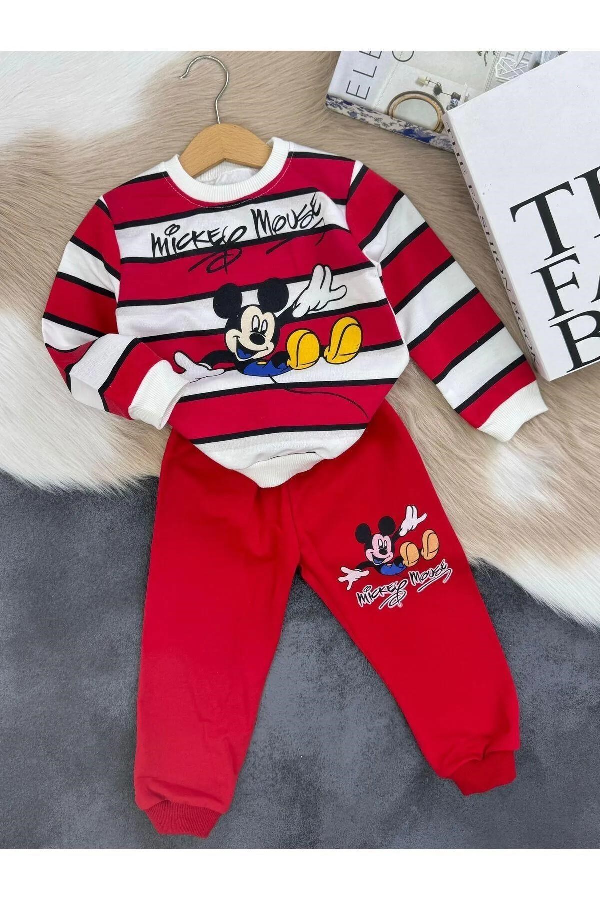 Mickey Mouse Kırmızı Çizgili Çocuk Eşofman Takımı | %100 Organik Pamuk-1.5 Yaş