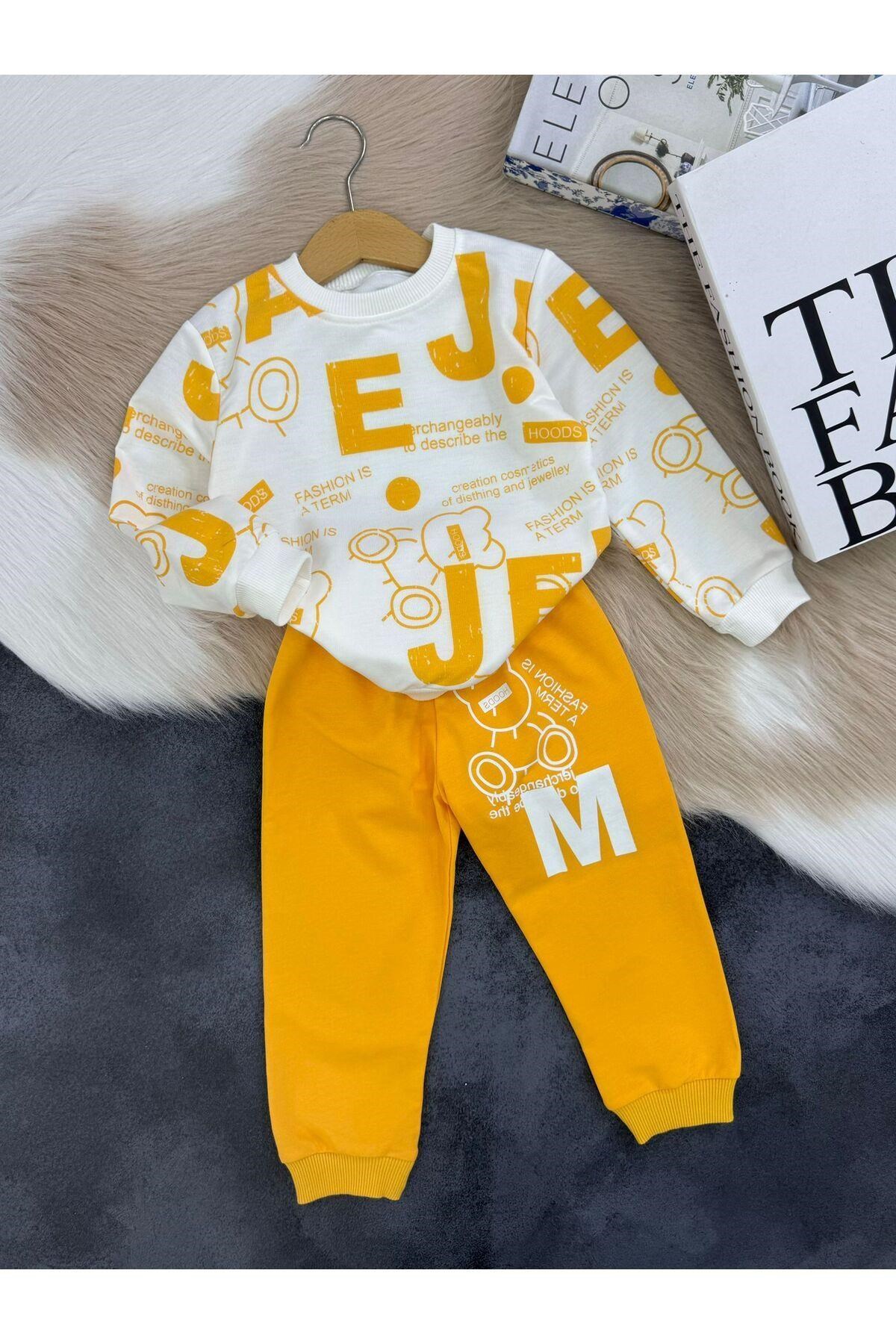 Dijital Harf Ve Figür Baskılı Alt Üst Çocuk Takım Sarı-7-8 Yaş