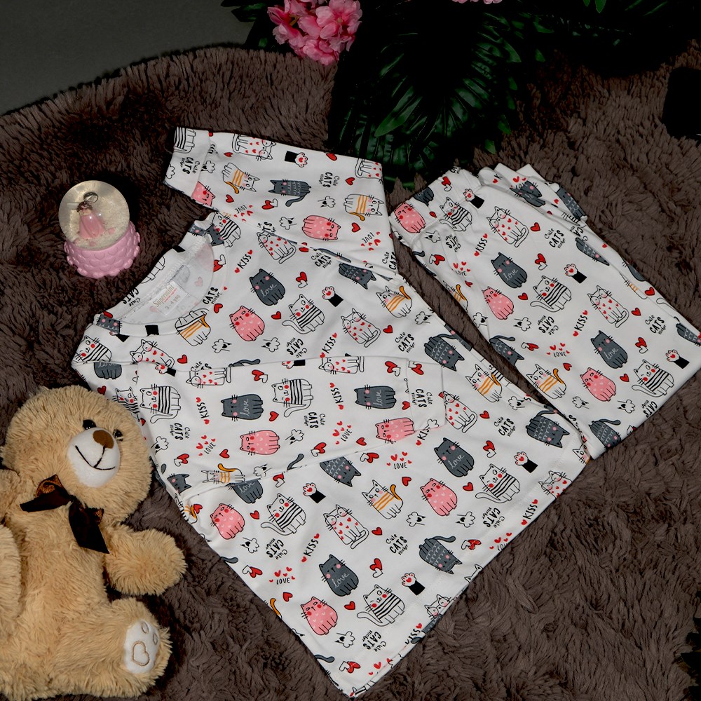 Sevimli Minik Kediler İkili Çocuk Pijama Takımı 3 - 12 Yaş-3-4 Yaş