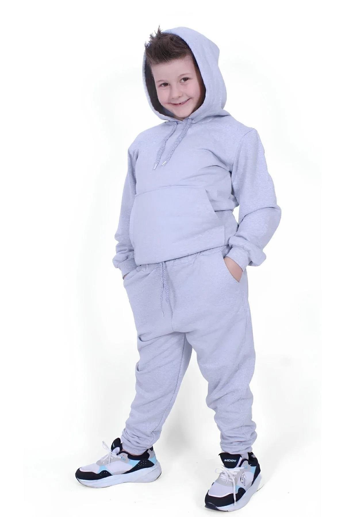 Gri Kapüşonlu Erkek Çocuk Eşofman Takımı | %100 Organik Pamuk-11-12 Yaş