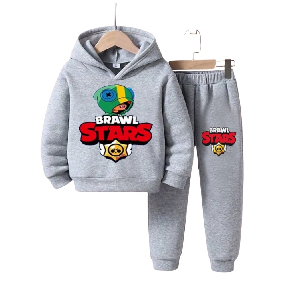Gri Brawl Stars Baskılı Kapüşonlu Çocuk Eşofman Takımı-1 Ay