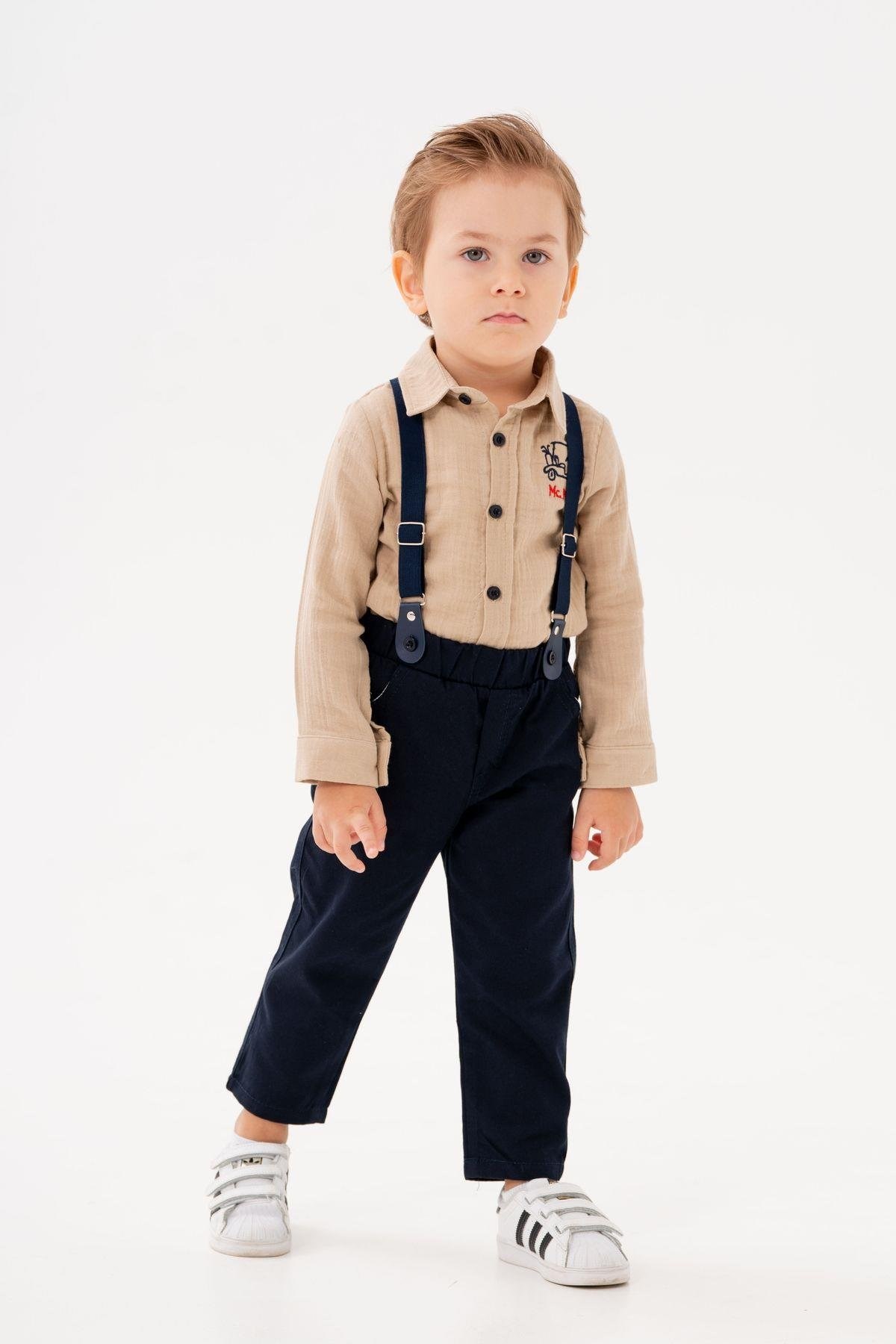  Erkek Çocuk Krem Gömlek Pantolon Alt Üst Takım Askılı-7-8 Yaş
