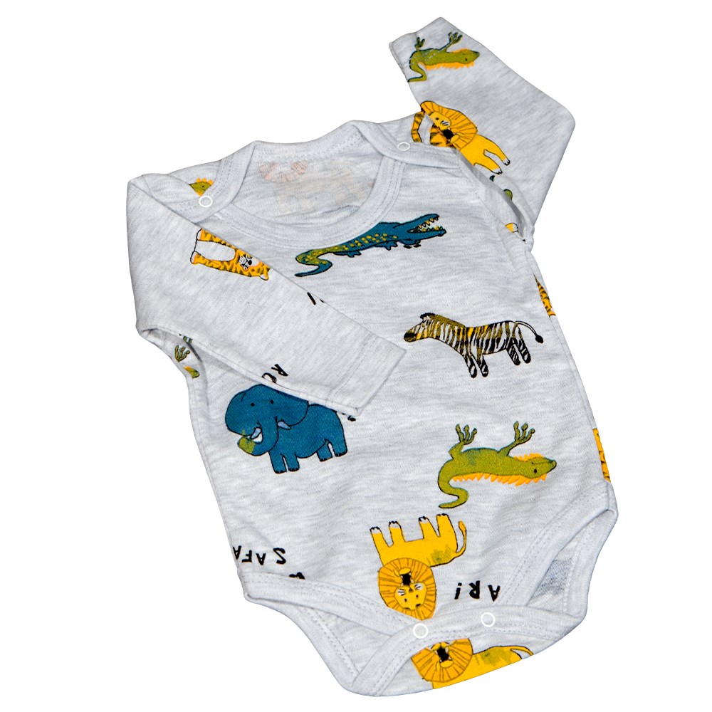 Gri Safari Temalı Uzun Kollu Bebek Body-2 Yaş