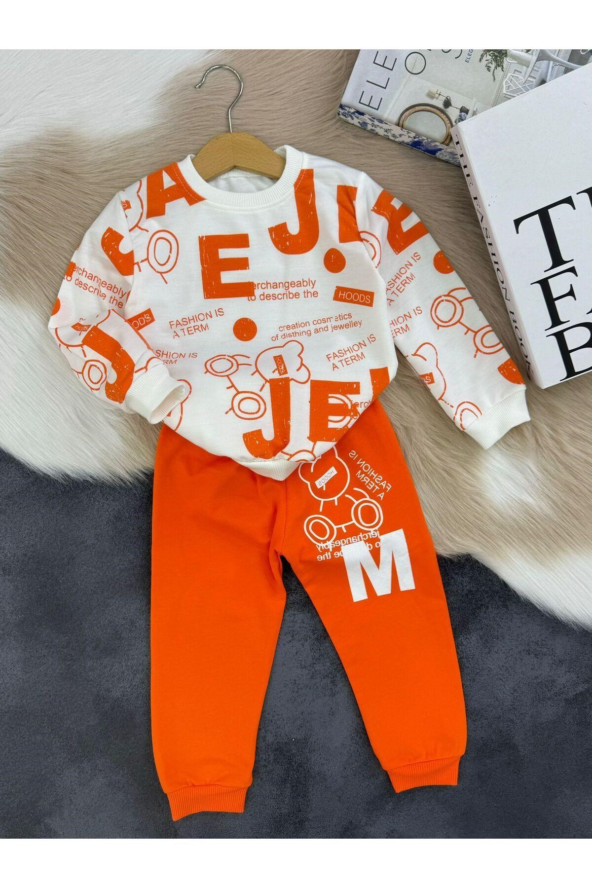 Dijital Harf Ve Figür Baskılı Alt Üst Çocuk Takım Turuncu-9-10 Yaş