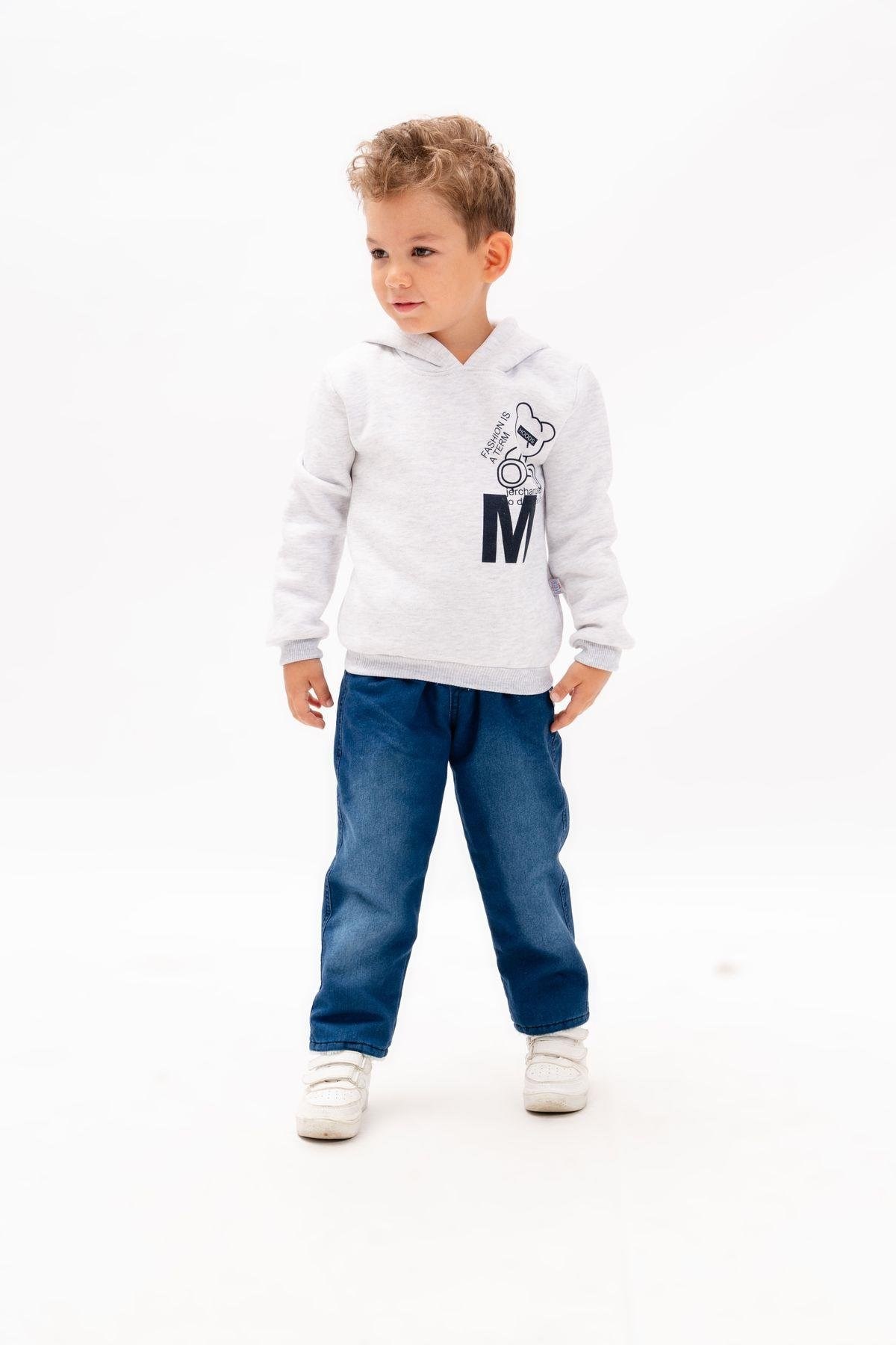 Erkek Çocuk Gri Kapüşonlu Sweat & Kot Pantolon Takımı | Ayıcık Baskılı 2'li Set-9 Ay