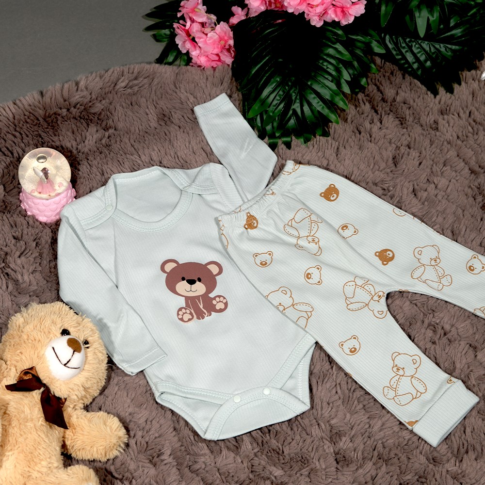 Ayıcıklı Açık Mavi 2'Li Body Takım 3 - 9 Ay-9 Ay