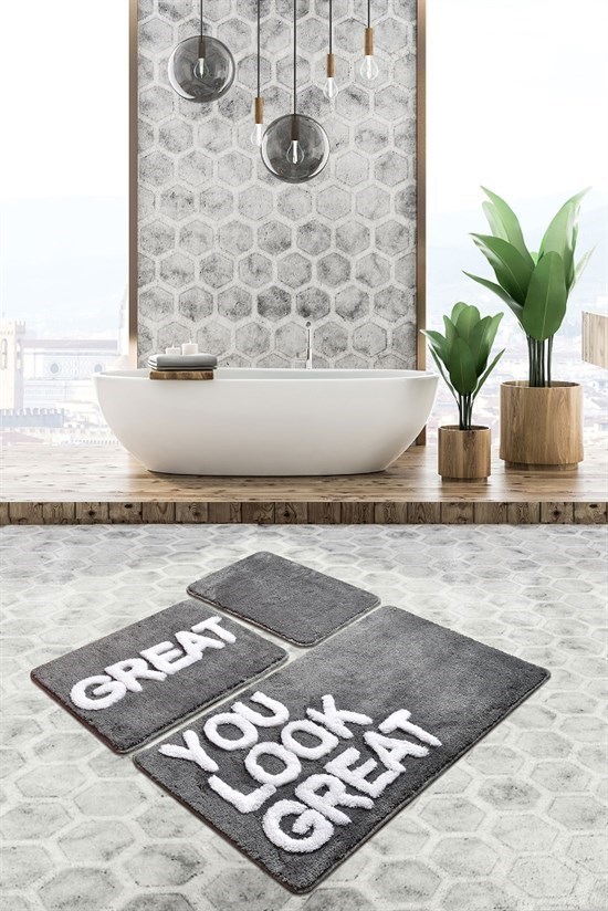 Great Gri 3 Lü Set Banyo Halısı, Paspas-21416