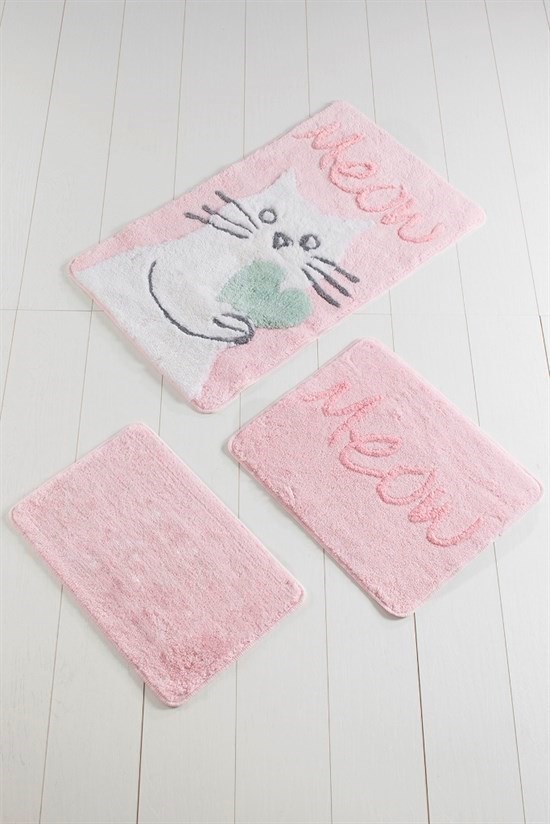 Kedicik Pembe 3Lü Set Banyo Halısı-21859