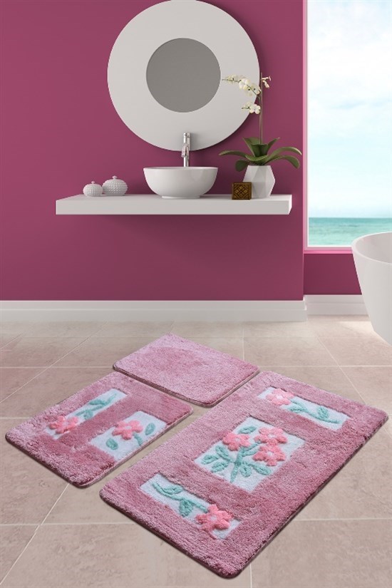 Lında Pembe 3 Lu Set Klozet Takımı, Banyo Paspas Seti Halısı-22057