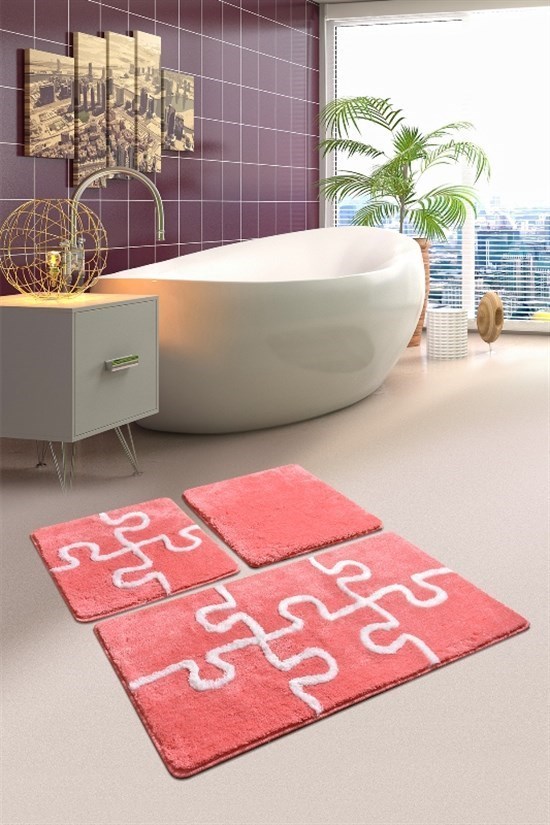 Puzzle Rose 3 Lu Set Klozet Takımı, Banyo Paspas Seti Halısı-22888