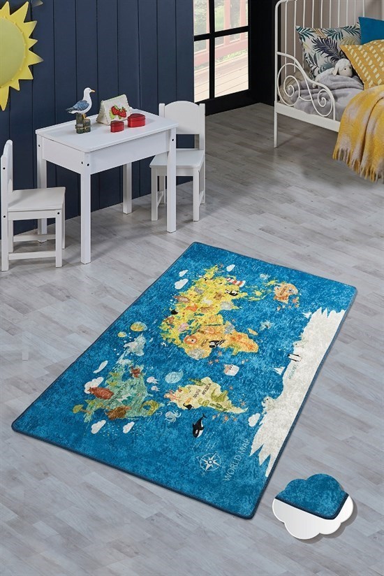 World Map 100X160 Mavi Çocuk Ve Bebek Halısı-23568