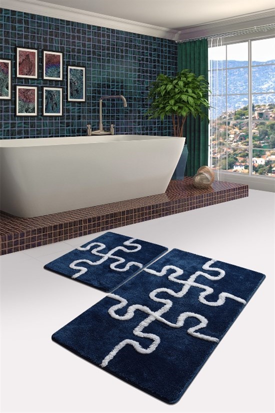 Puzzle Mavi 2 Lı Set Klozet Takımı, Banyo Paspas Seti Halısı-22875