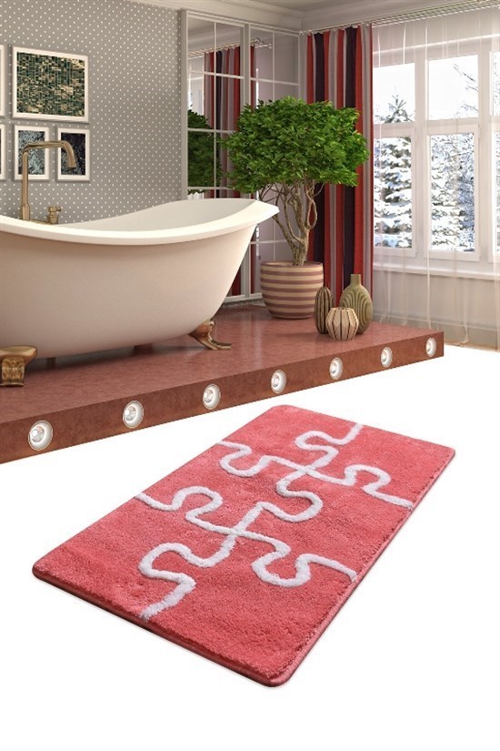 Puzzle Rose 60X100 Cm Klozet Takımı, Banyo Paspas Seti Halısı-22889