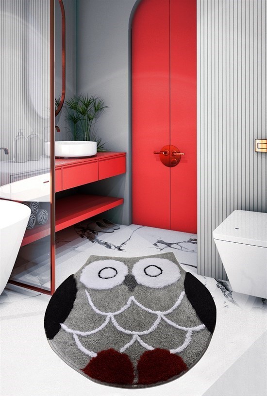 Owl Shape Gri Banyo Halısı, Paspas Seti-22591