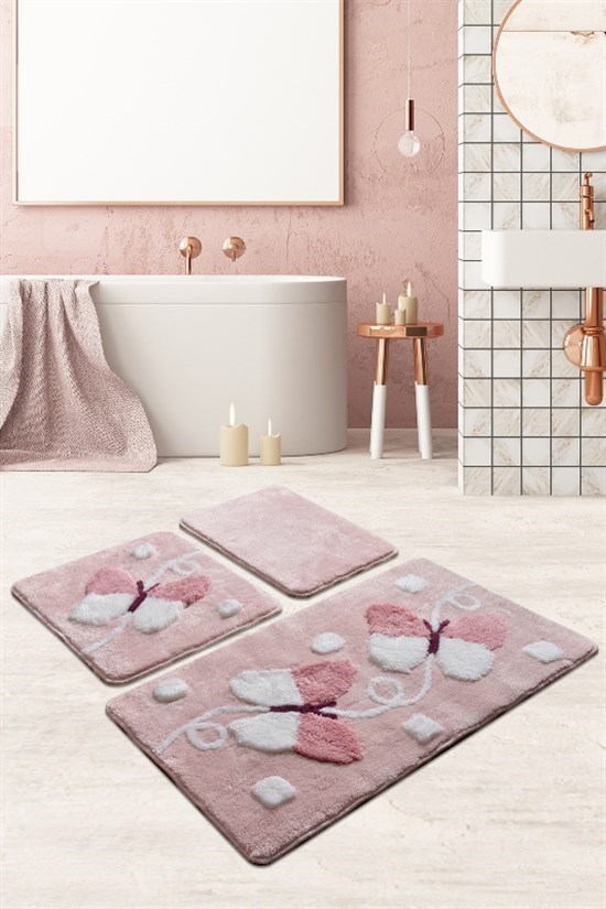 Marı Pembe 3 Lu Set Klozet Takımı, Banyo Paspas Seti Halısı-22290