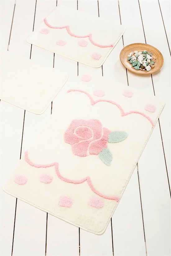 Rose Dot Ekru 3Lü Set Banyo Halısı-23021